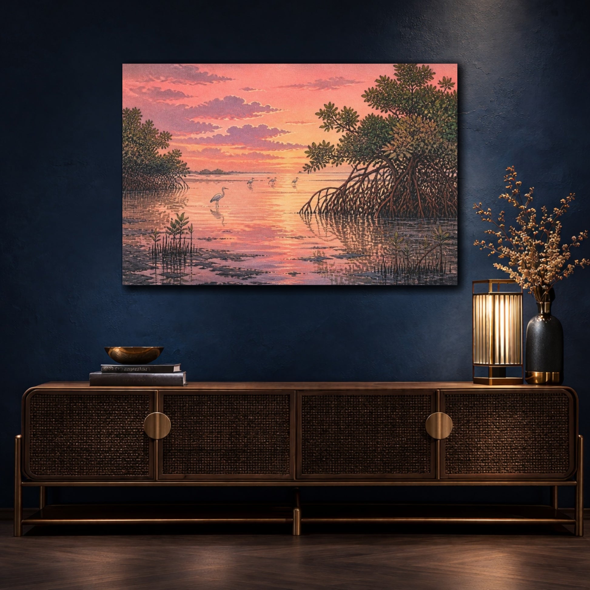 Mockup 4. Mangrove Sunset Landscape shown as canvas print