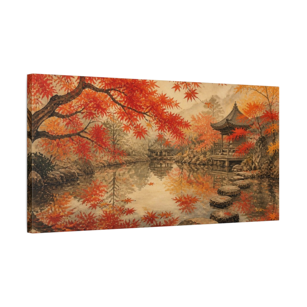 Side Mockup 1. Maple Canopy At Temple Pond shown as canvas print