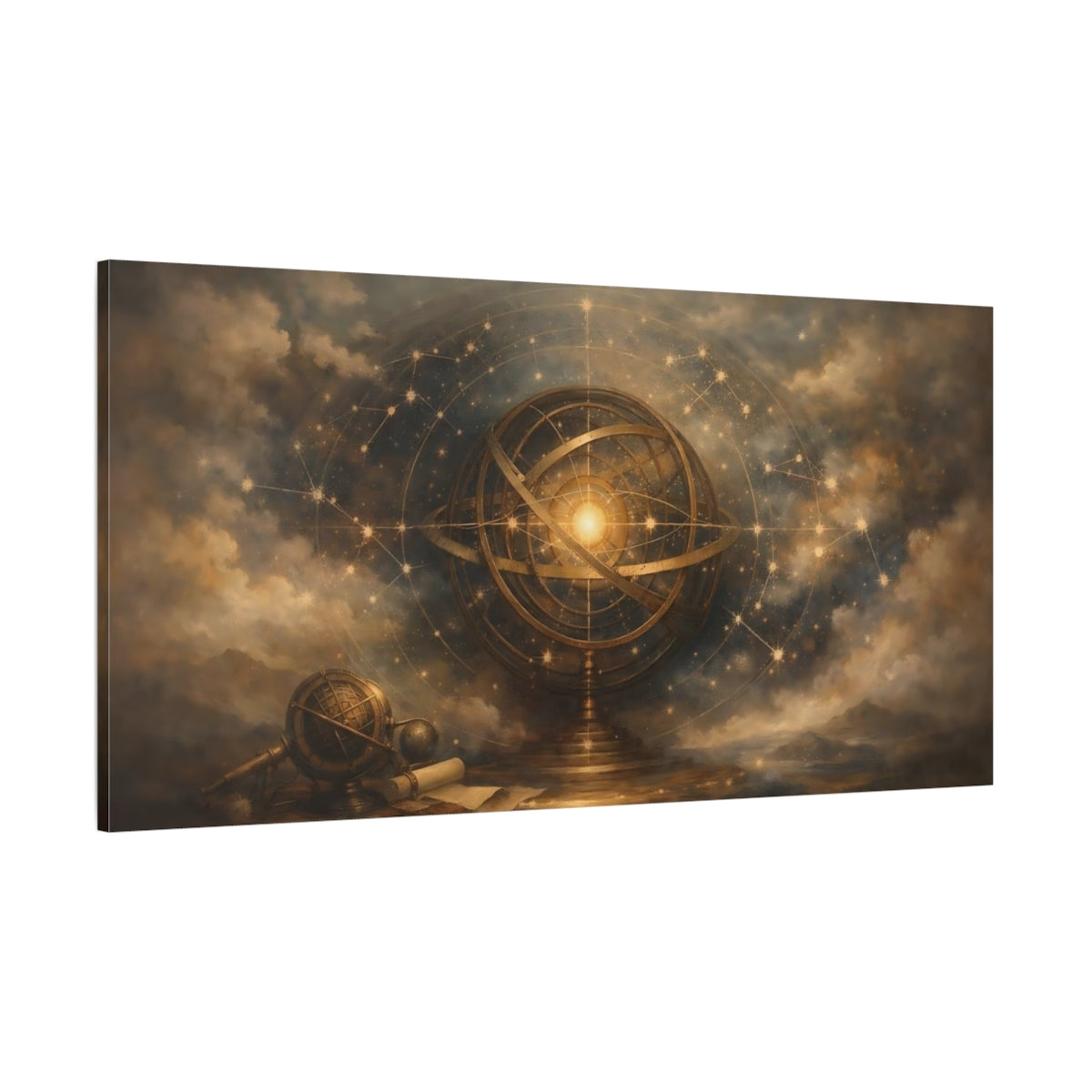 Main Mockup. Maps Armillary Sphere Gold And Blue shown as stretched canvas wall art