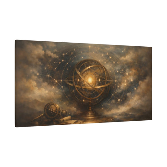 Main Mockup. Maps Armillary Sphere Gold And Blue shown as stretched canvas wall art