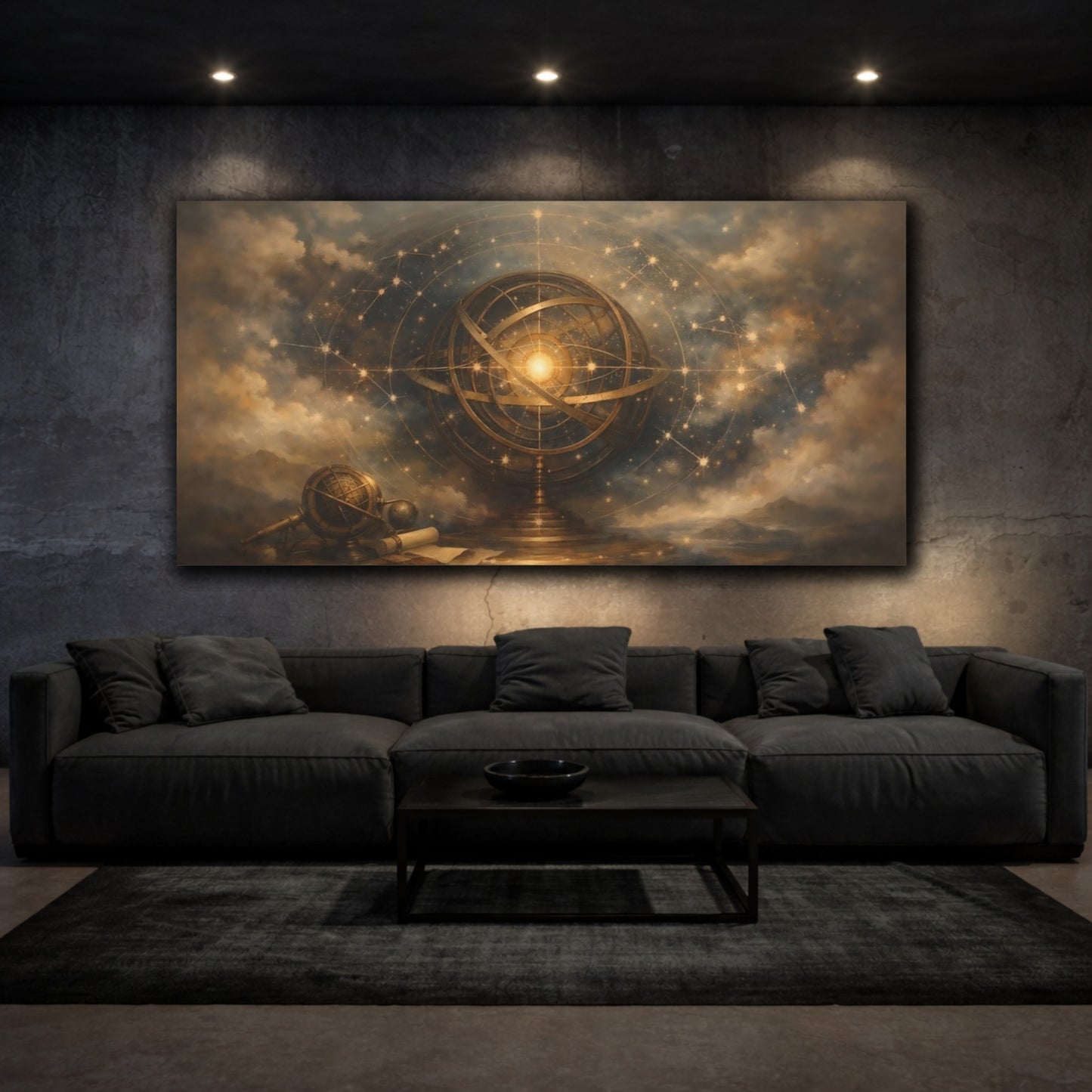 Mockup 2. Maps Armillary Sphere Gold And Blue shown as stretched canvas wall art