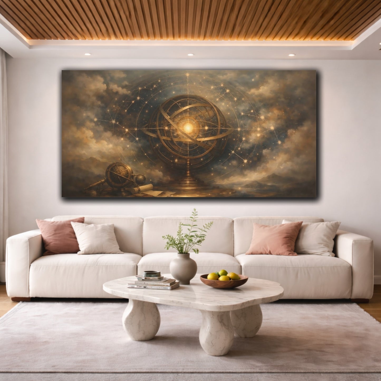 Mockup 3. Maps Armillary Sphere Gold And Blue shown as stretched canvas wall art