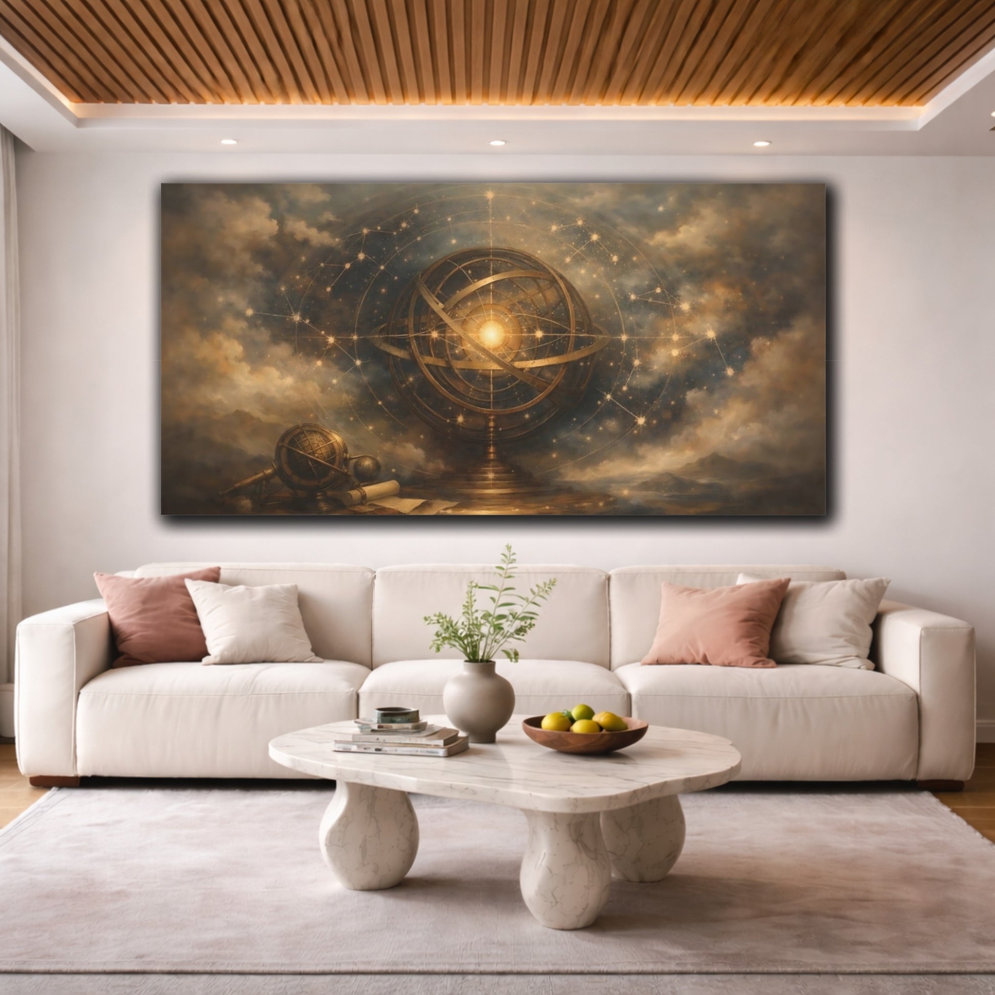 Mockup 3. Maps Armillary Sphere Gold And Blue shown as stretched canvas wall art