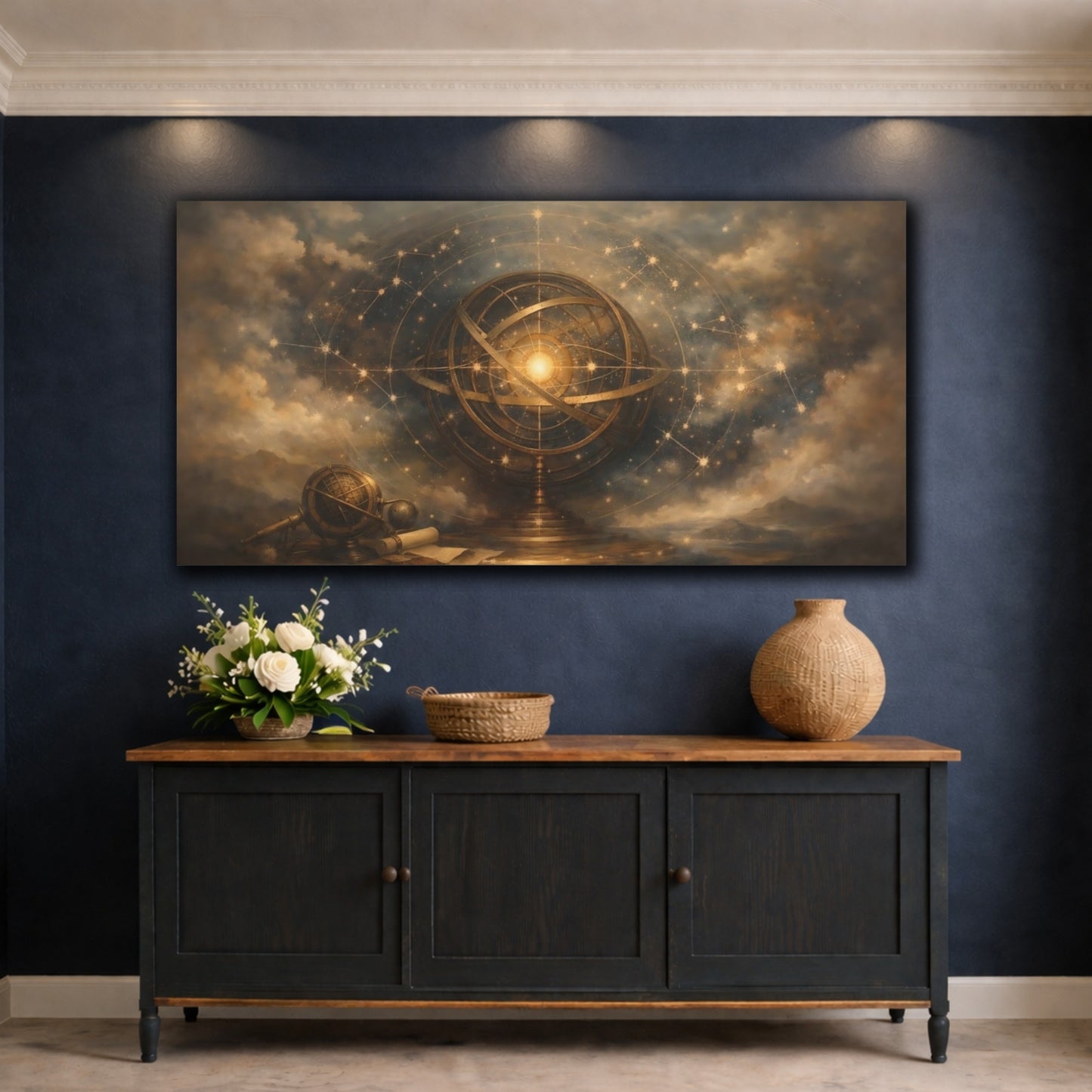 Mockup 4. Maps Armillary Sphere Gold And Blue shown as stretched canvas wall art