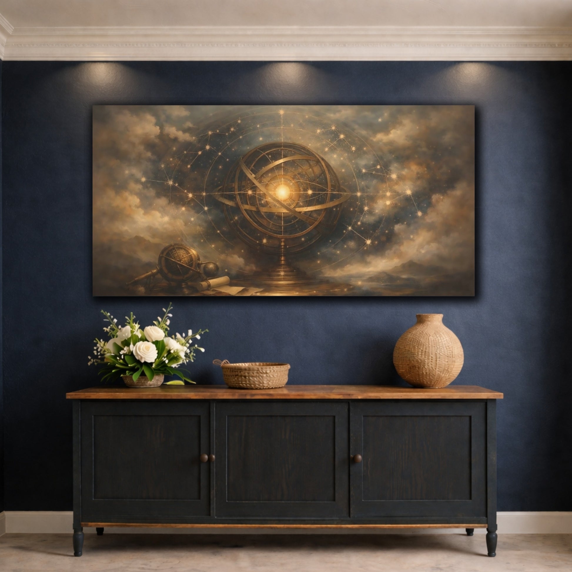 Mockup 4. Maps Armillary Sphere Gold And Blue shown as stretched canvas wall art