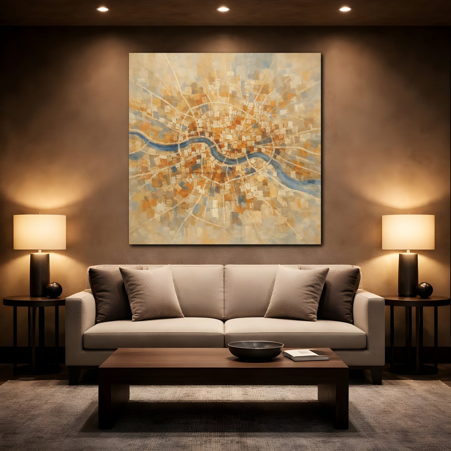 Mockup 2. Maps City Map Gold Blue Map shown as stretched canvas wall art