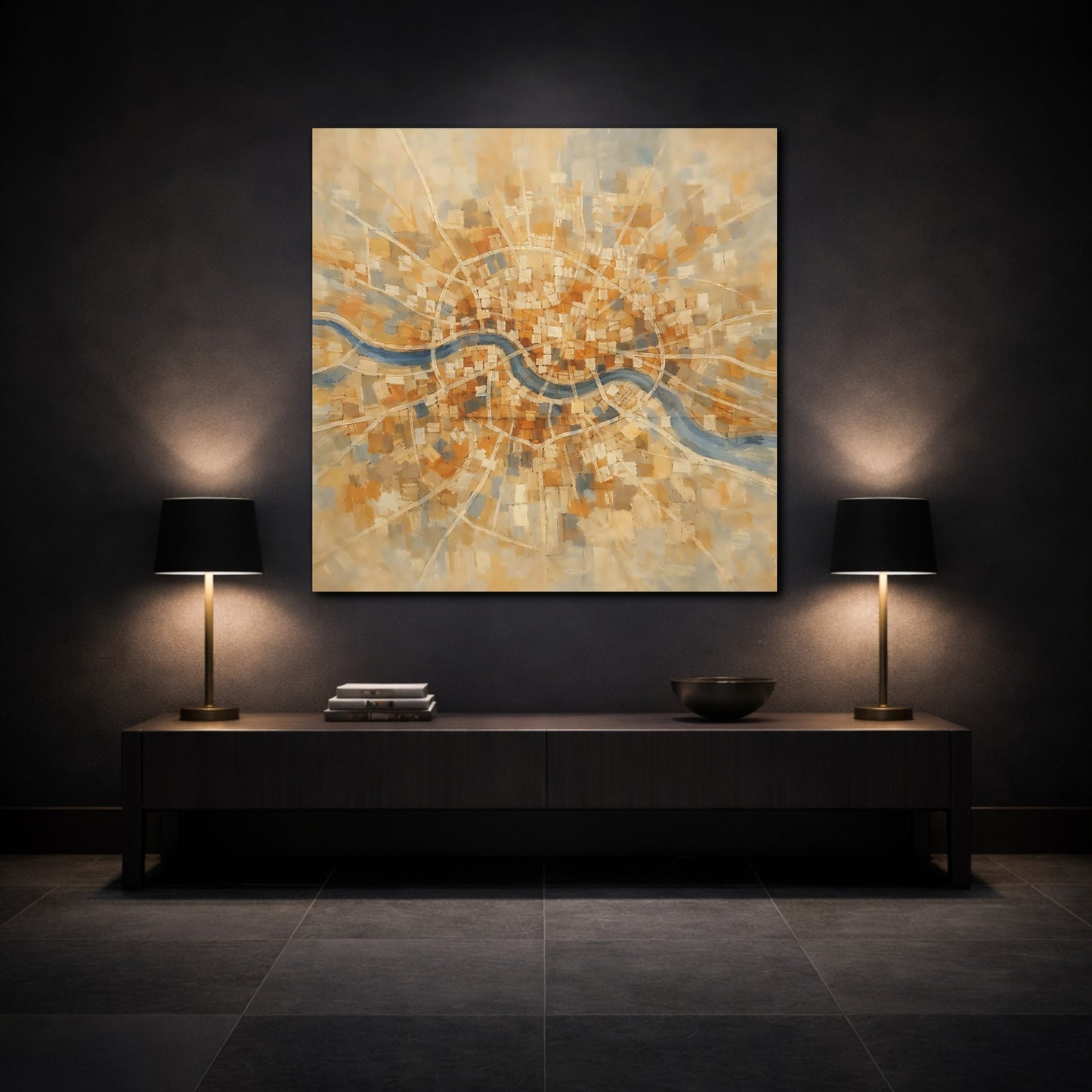 Mockup 3. Maps City Map Gold Blue Map shown as stretched canvas wall art