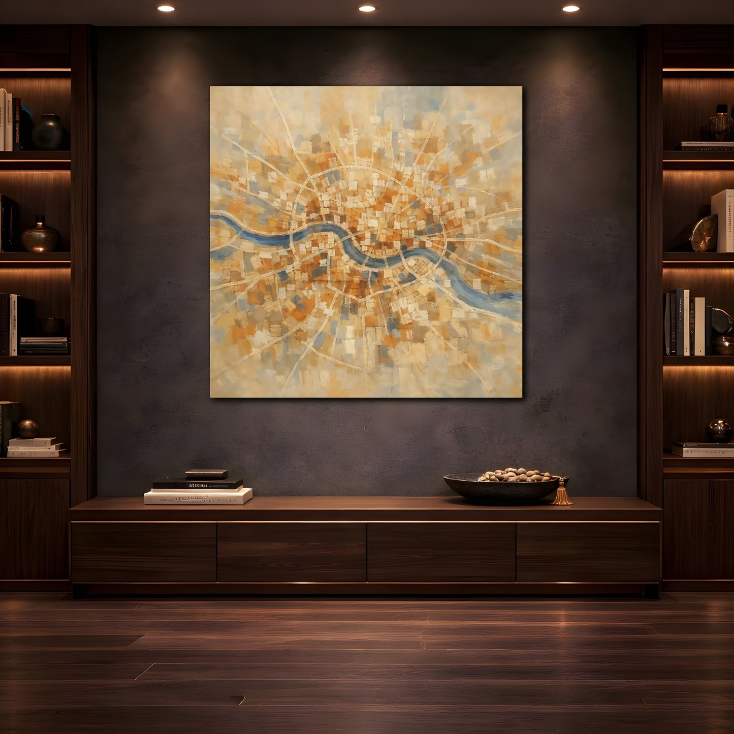 Mockup 4. Maps City Map Gold Blue Map shown as stretched canvas wall art