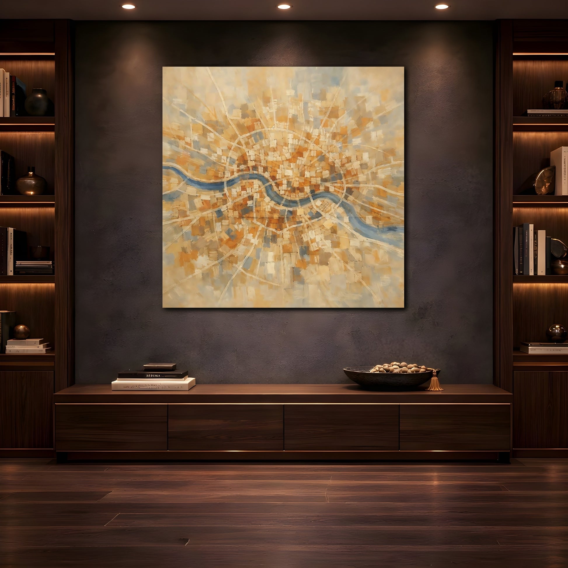 Mockup 4. Maps City Map Gold Blue Map shown as stretched canvas wall art
