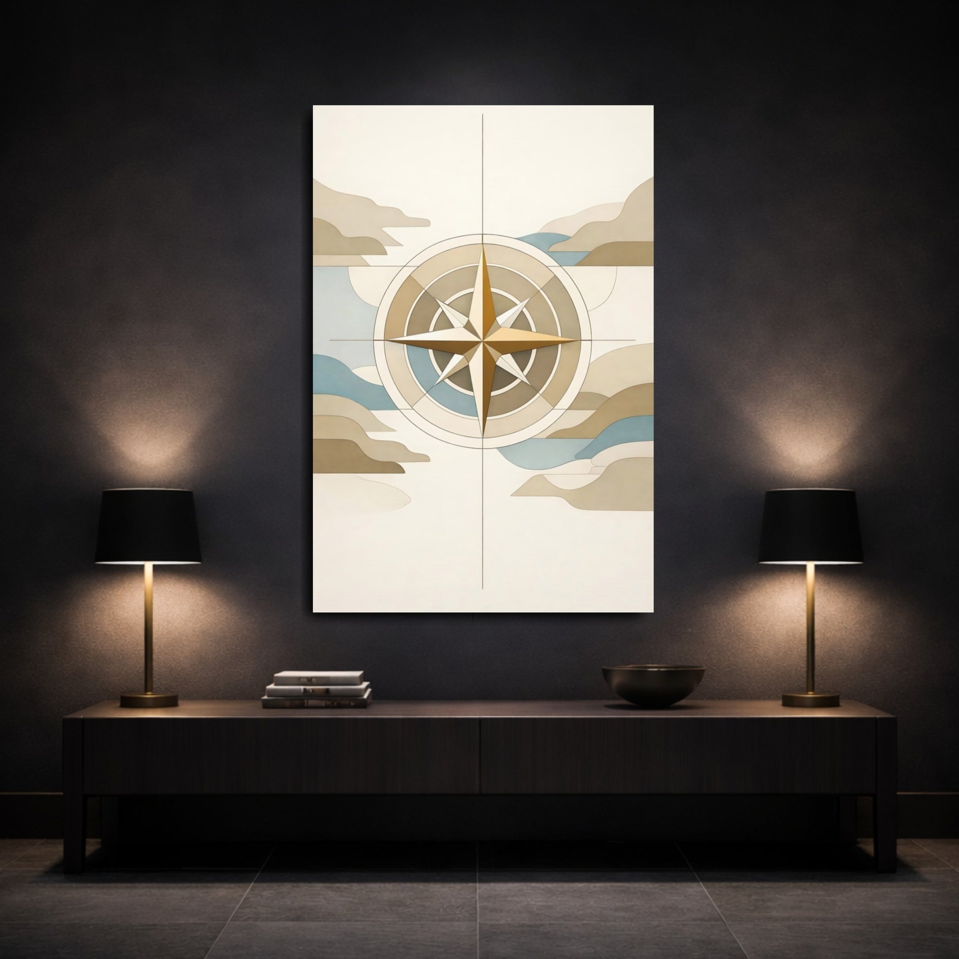 Maps Compass Neutral Compass Rose shown as front canvas room wall art