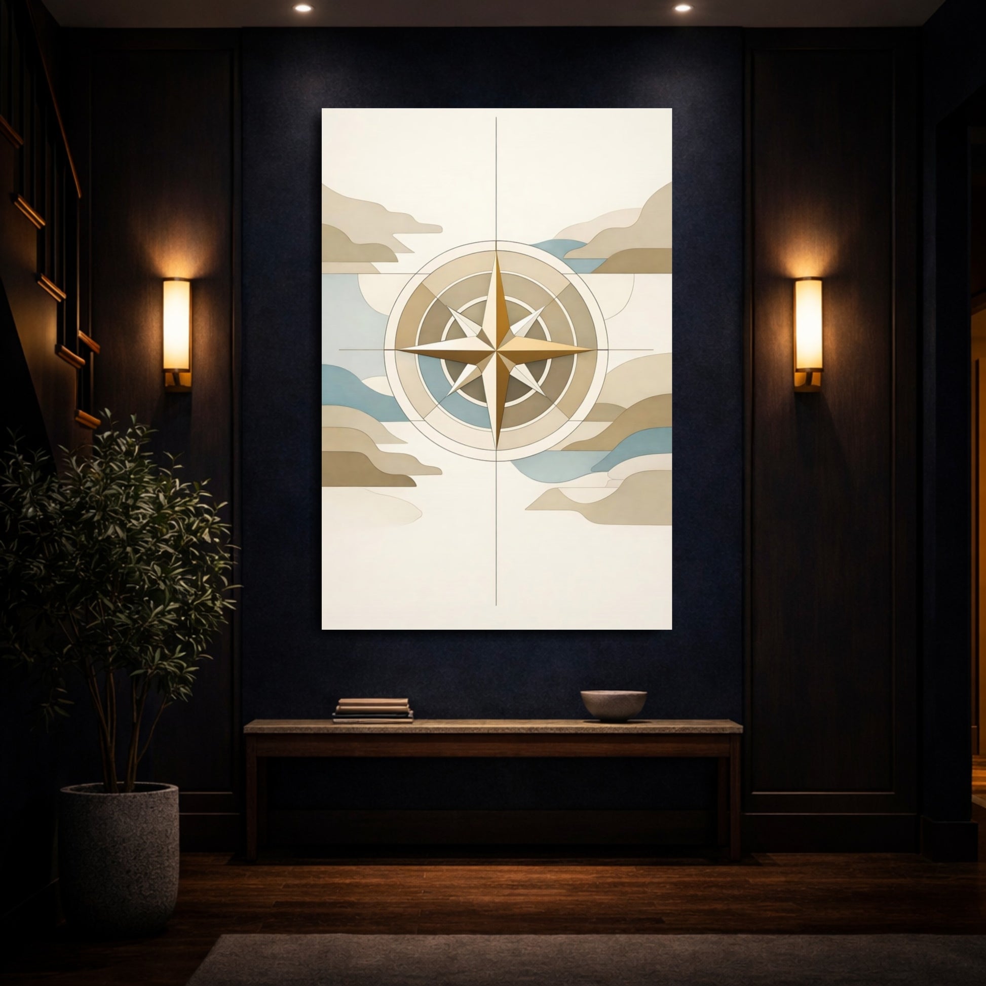 Maps Compass Neutral Compass Rose shown as front canvas room wall art