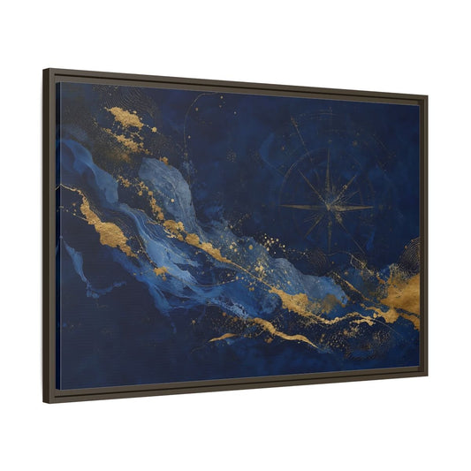 Maps Compass Rose Blue And Gold Framed Canvas Print – Abstract Decor for Living Room, Above Console Table - YesArtYes