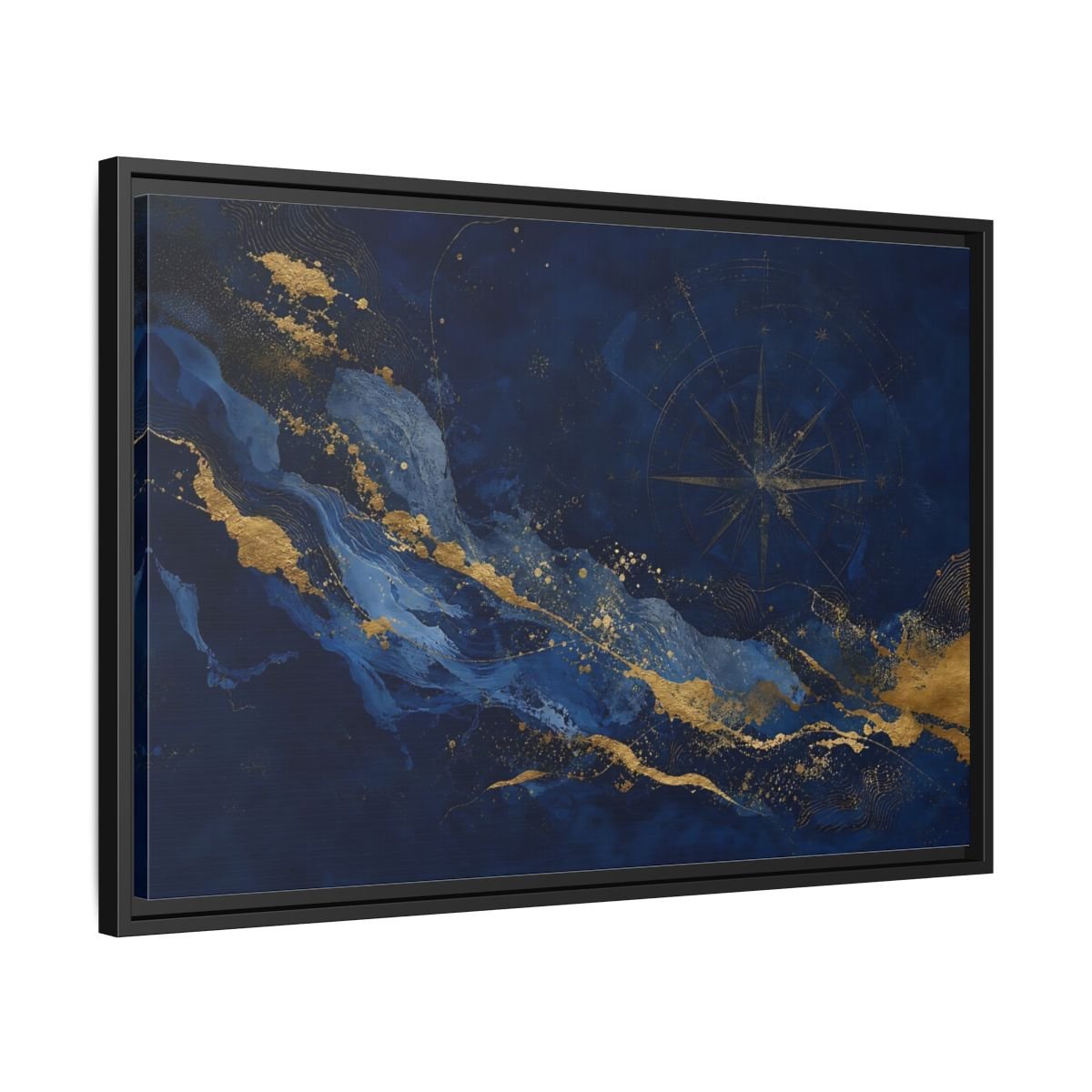 Maps Compass Rose Blue And Gold Framed Canvas Print – Abstract Decor for Living Room, Above Console Table - YesArtYes