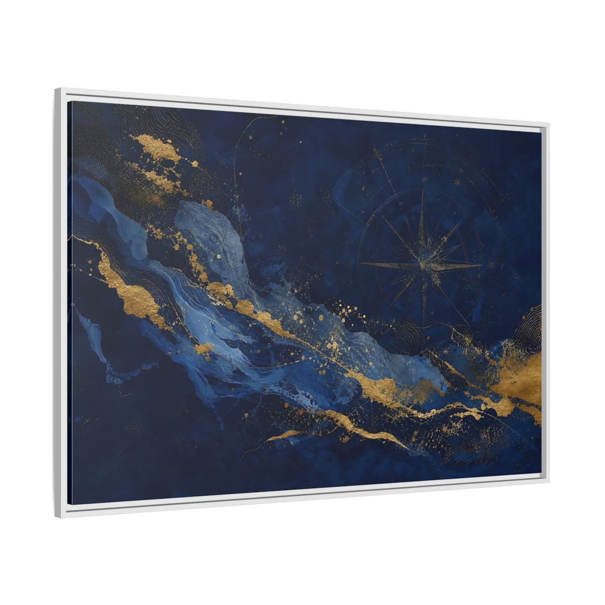 Maps Compass Rose Blue And Gold Framed Canvas Print – Abstract Decor for Living Room, Above Console Table - YesArtYes