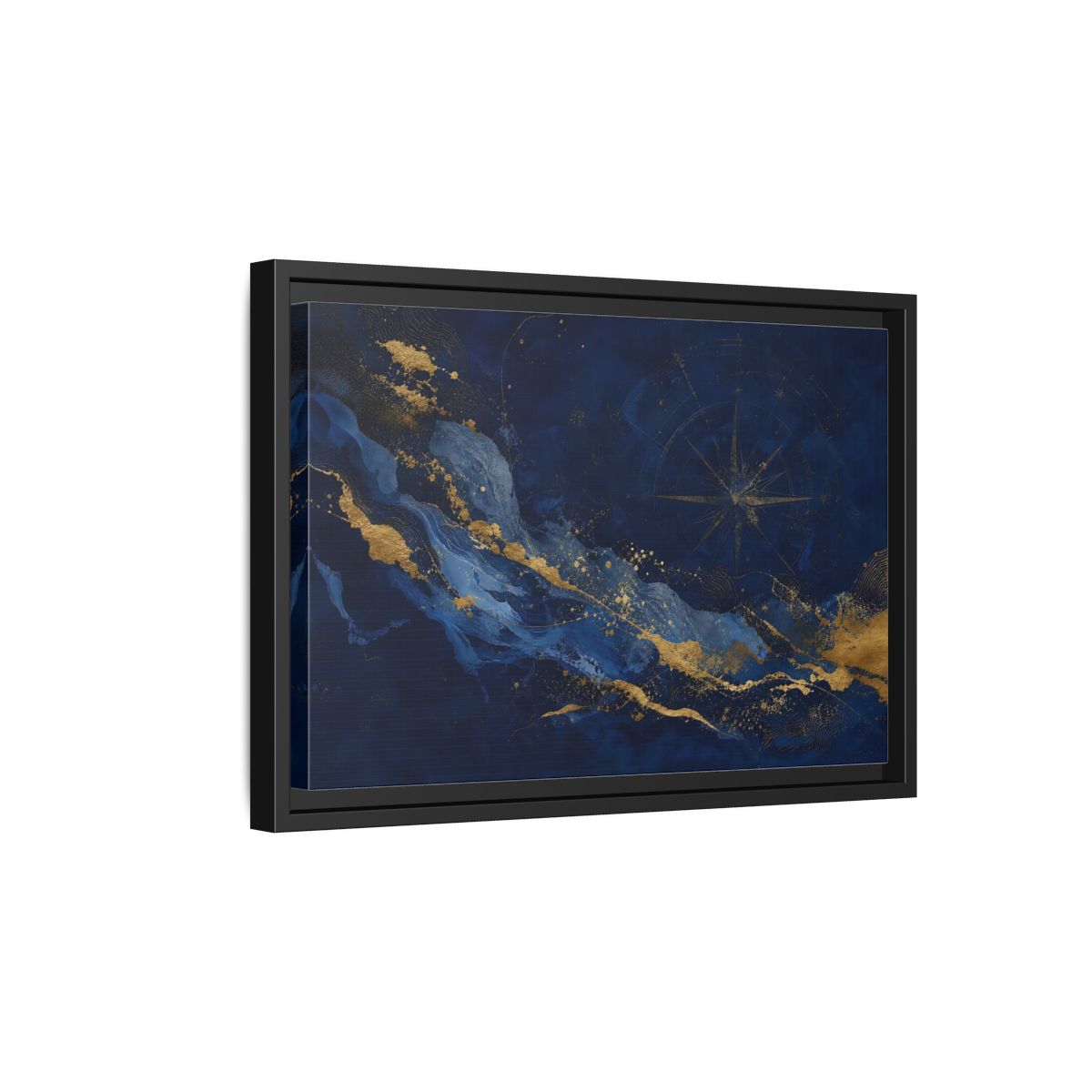 Side Mockup 6. Maps Compass Rose Blue And Gold shown as framed canvas print