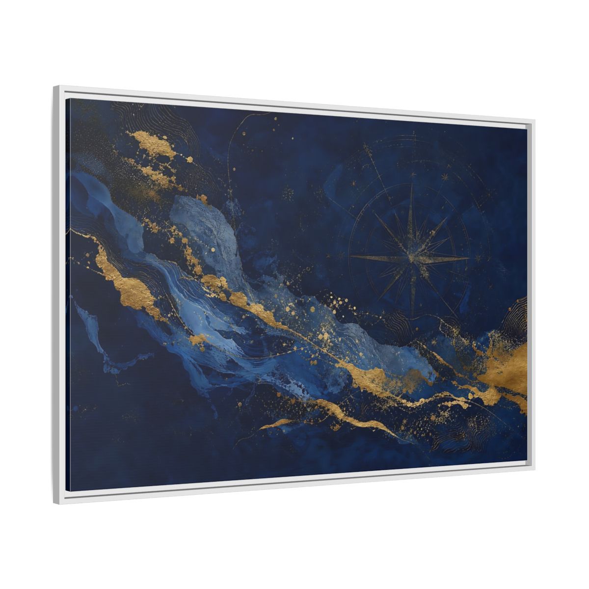 Side Mockup 7. Maps Compass Rose Blue And Gold shown as framed canvas print