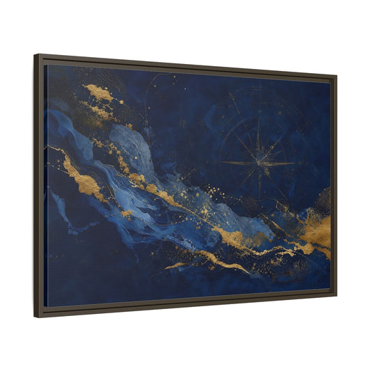 Main Mockup. Maps Compass Rose Blue And Gold shown as framed canvas print
