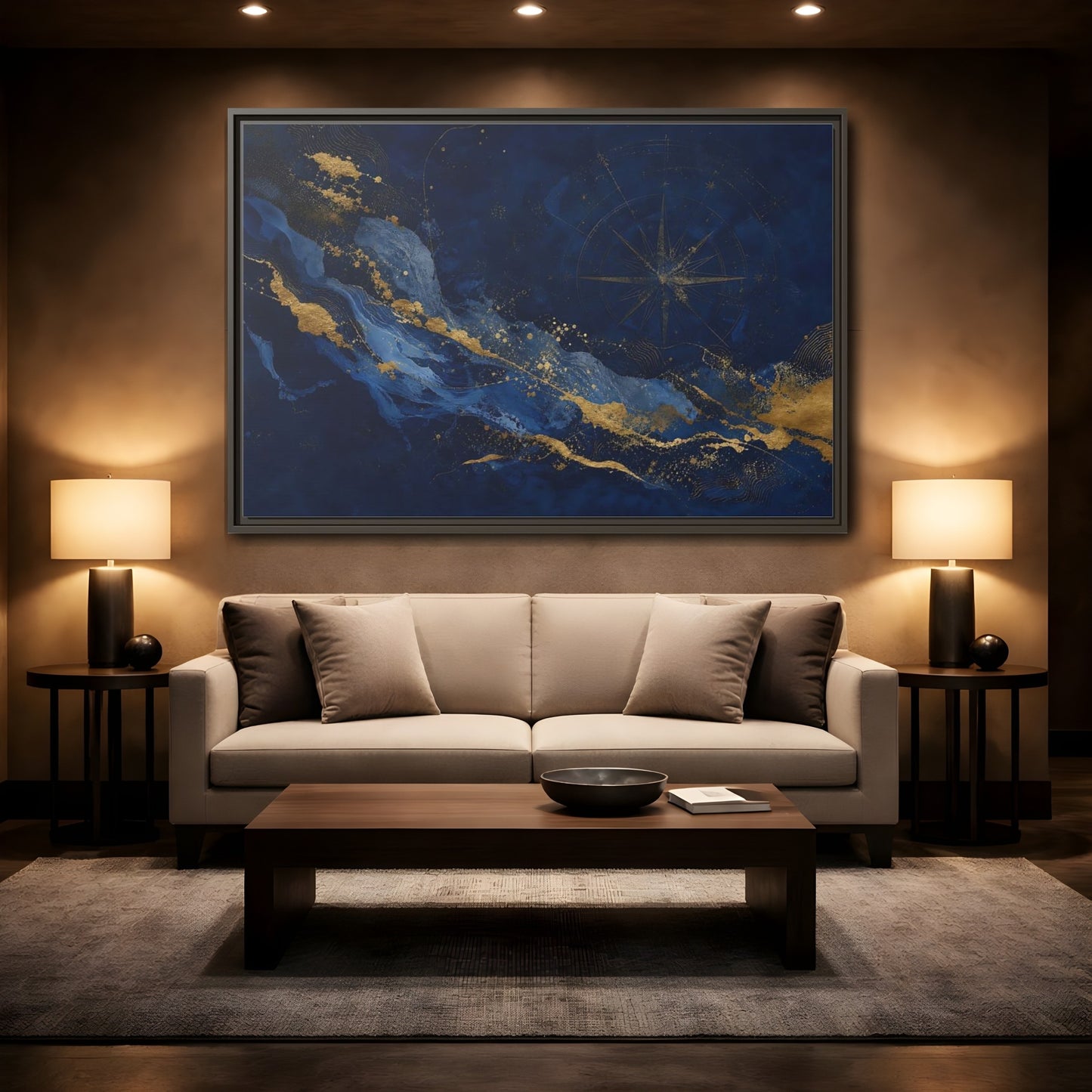 Mockup 2. Maps Compass Rose Blue And Gold shown as framed canvas print