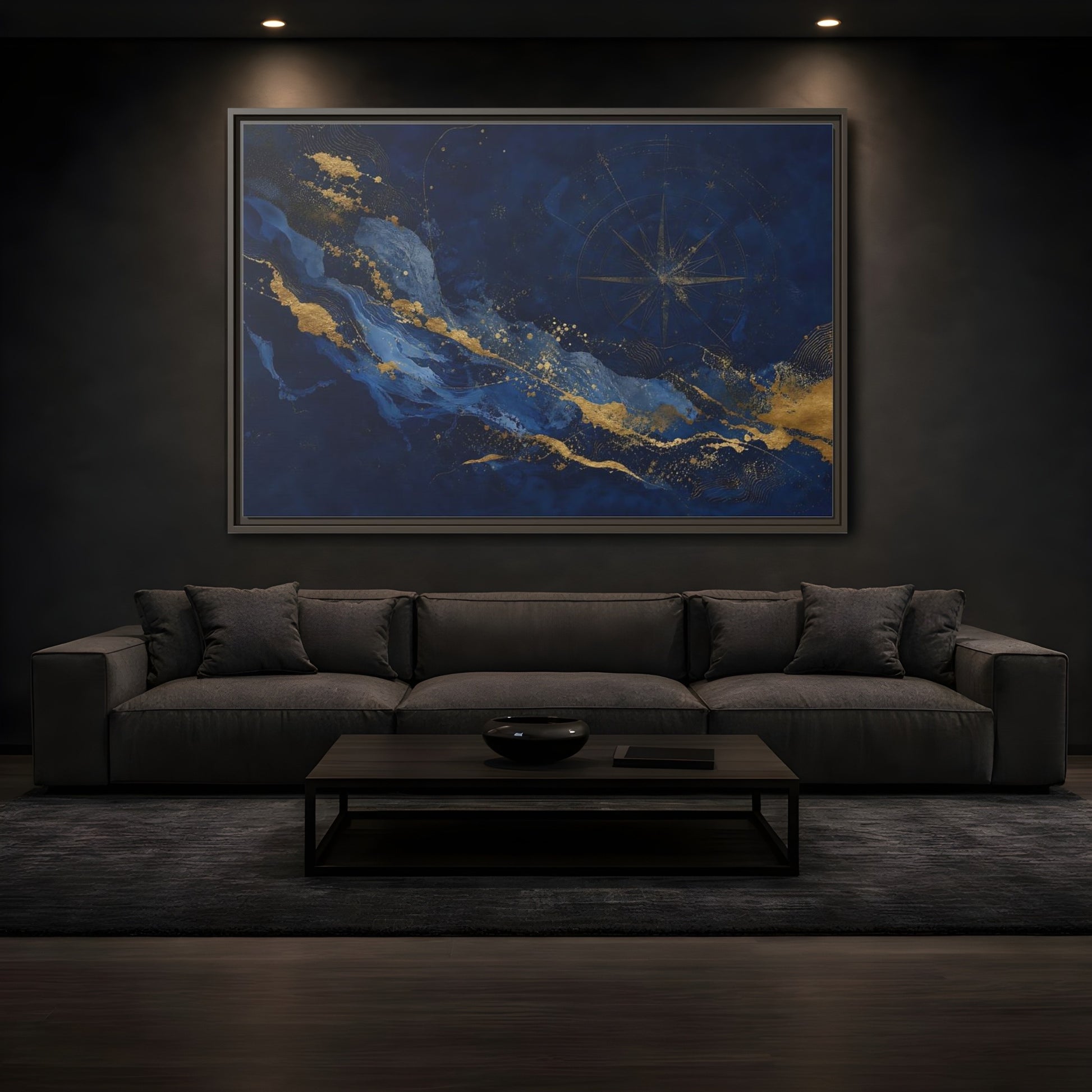 Mockup 3. Maps Compass Rose Blue And Gold shown as framed canvas print
