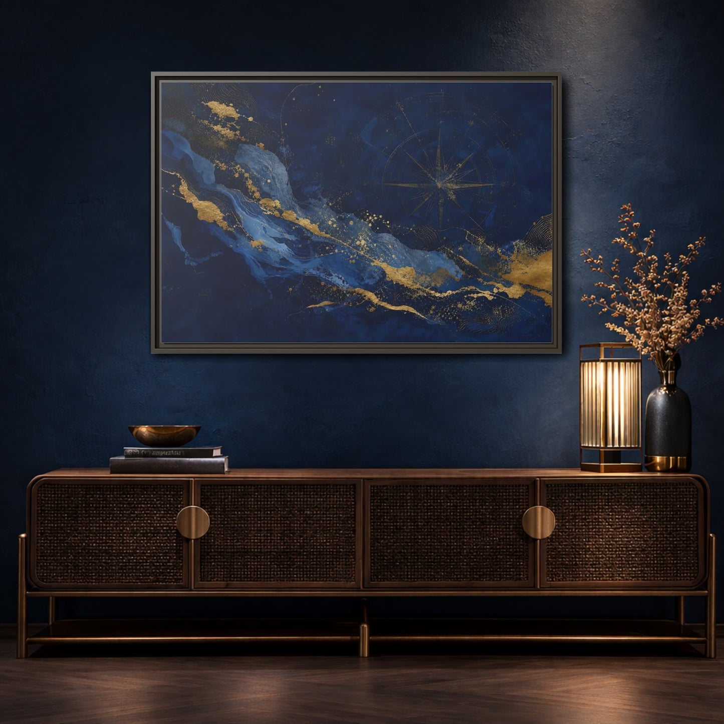 Mockup 4. Maps Compass Rose Blue And Gold shown as framed canvas print