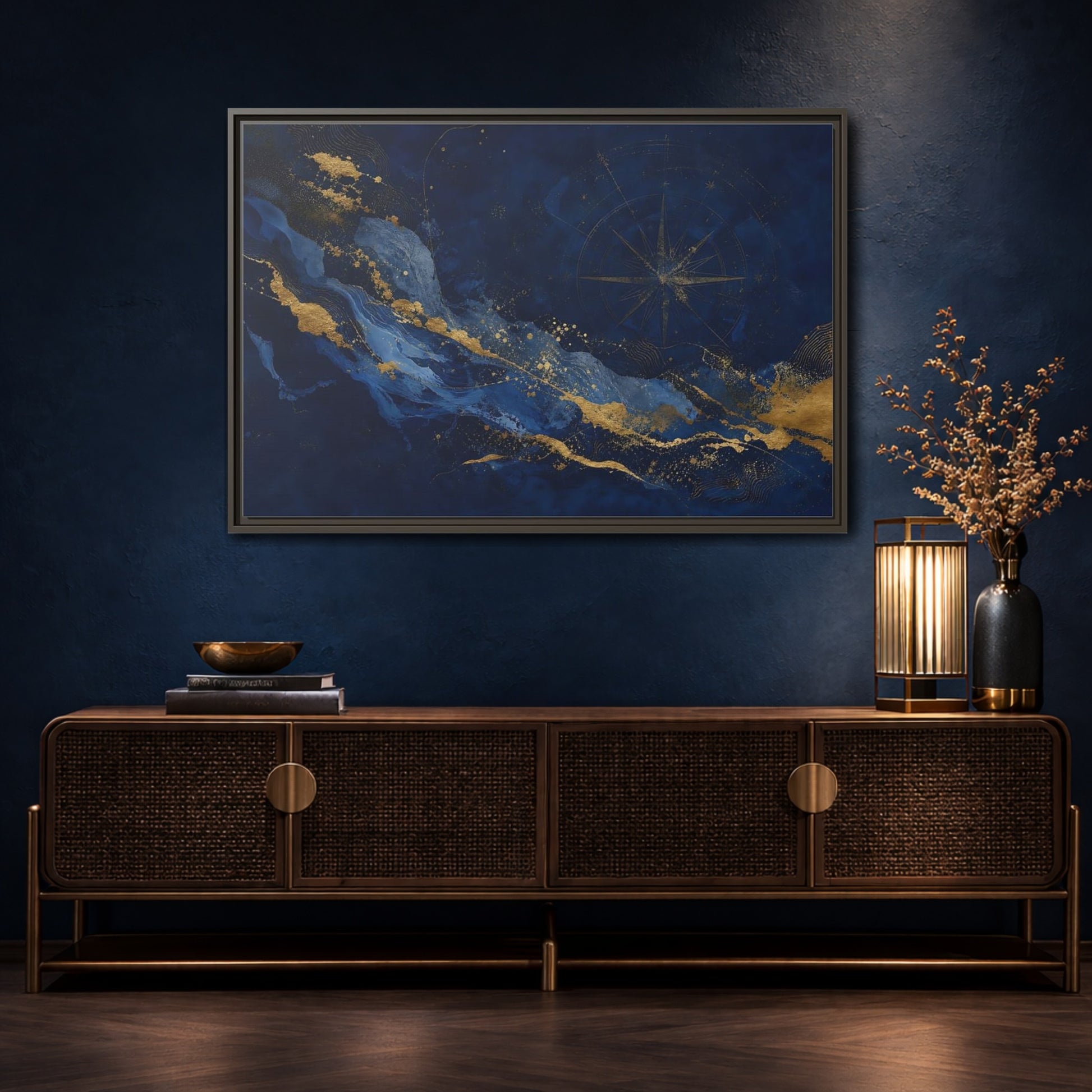 Mockup 4. Maps Compass Rose Blue And Gold shown as framed canvas print