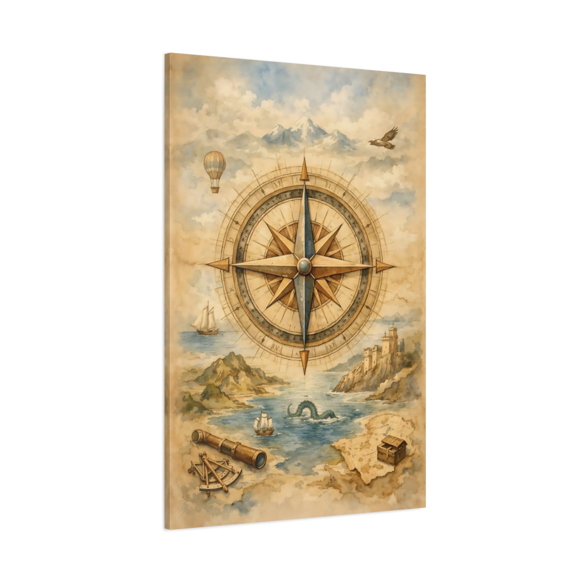 Main Mockup. Maps Compass Rose Vintage Map shown as stretched canvas wall art