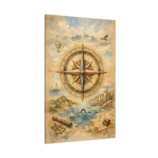Main Mockup. Maps Compass Rose Vintage Map shown as stretched canvas wall art