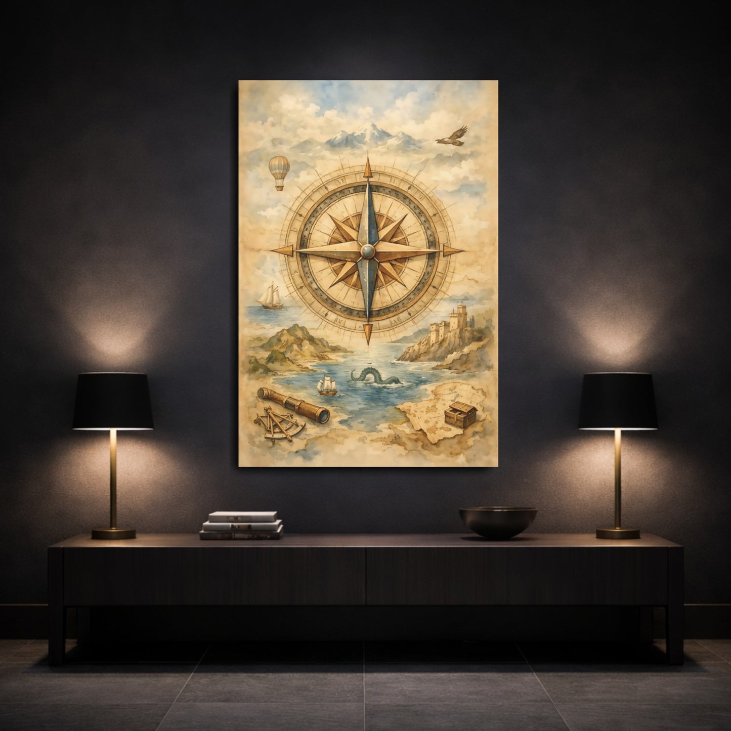 Mockup 2. Maps Compass Rose Vintage Map shown as stretched canvas wall art