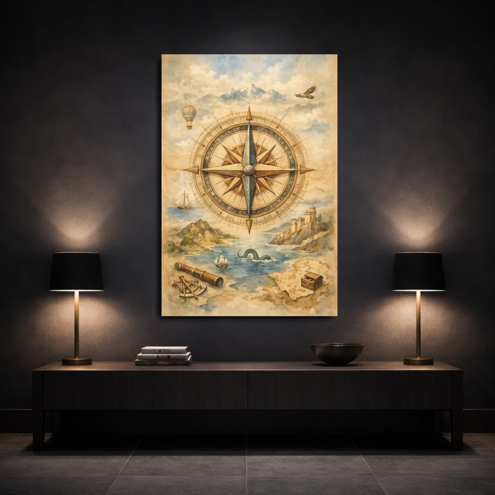 Mockup 2. Maps Compass Rose Vintage Map shown as stretched canvas wall art