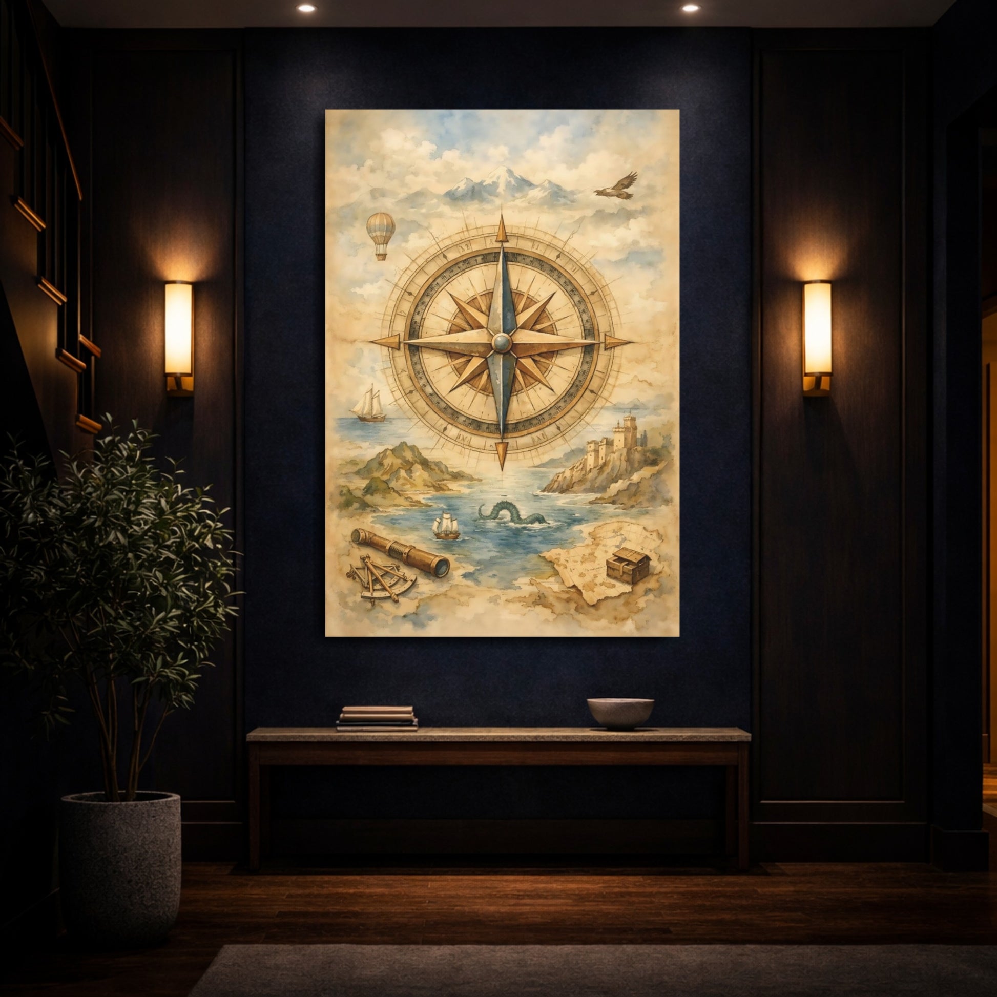 Mockup 3. Maps Compass Rose Vintage Map shown as stretched canvas wall art