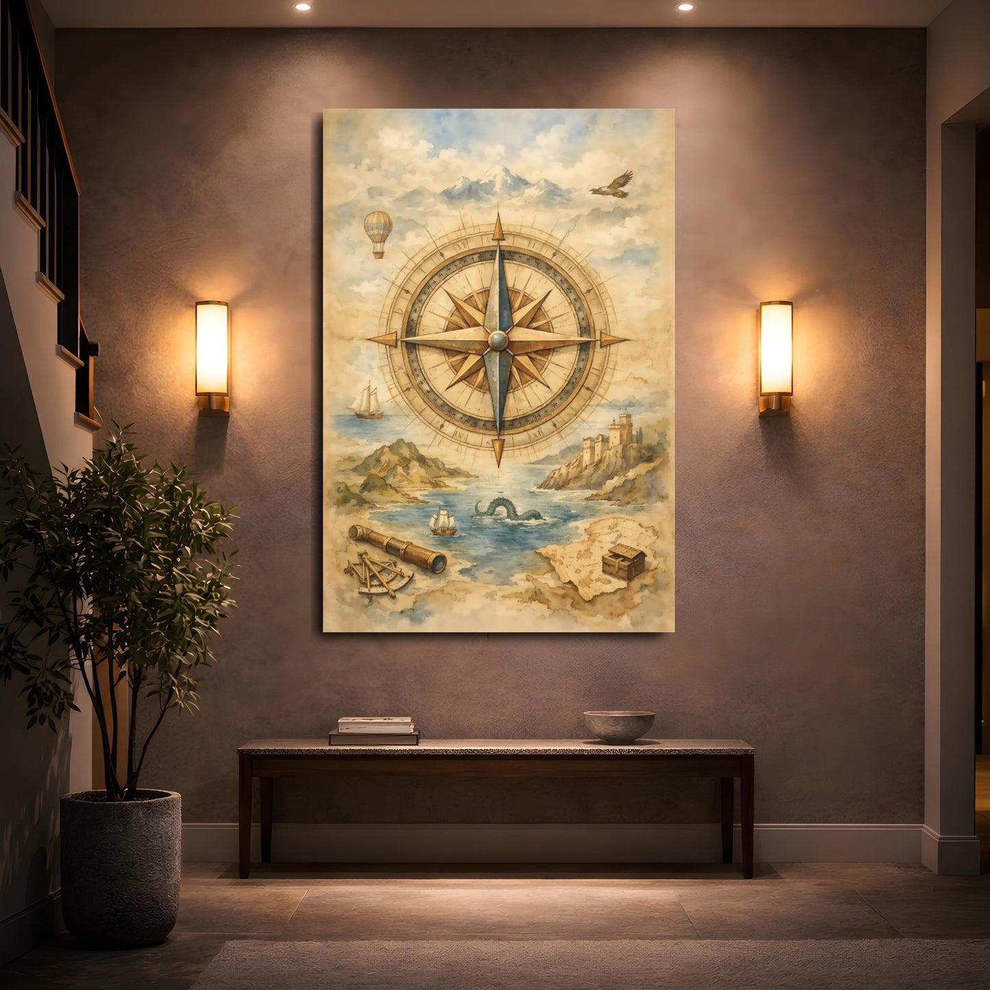 Mockup 4. Maps Compass Rose Vintage Map shown as stretched canvas wall art