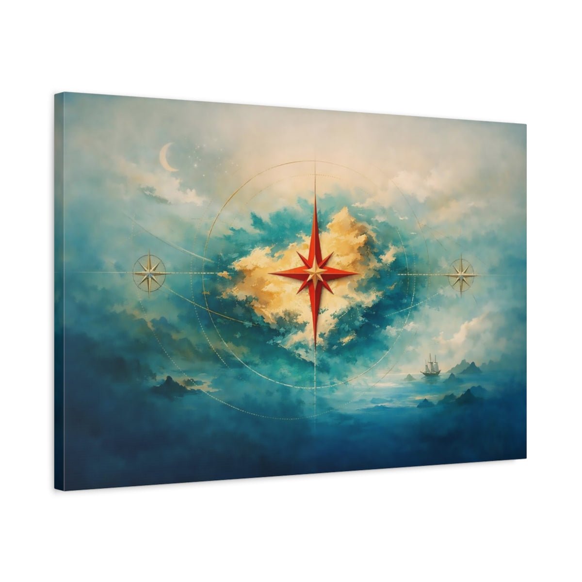Maps Compass Star Blue And Gold Navigation - Canvas Wall Art Print - YesArtYes