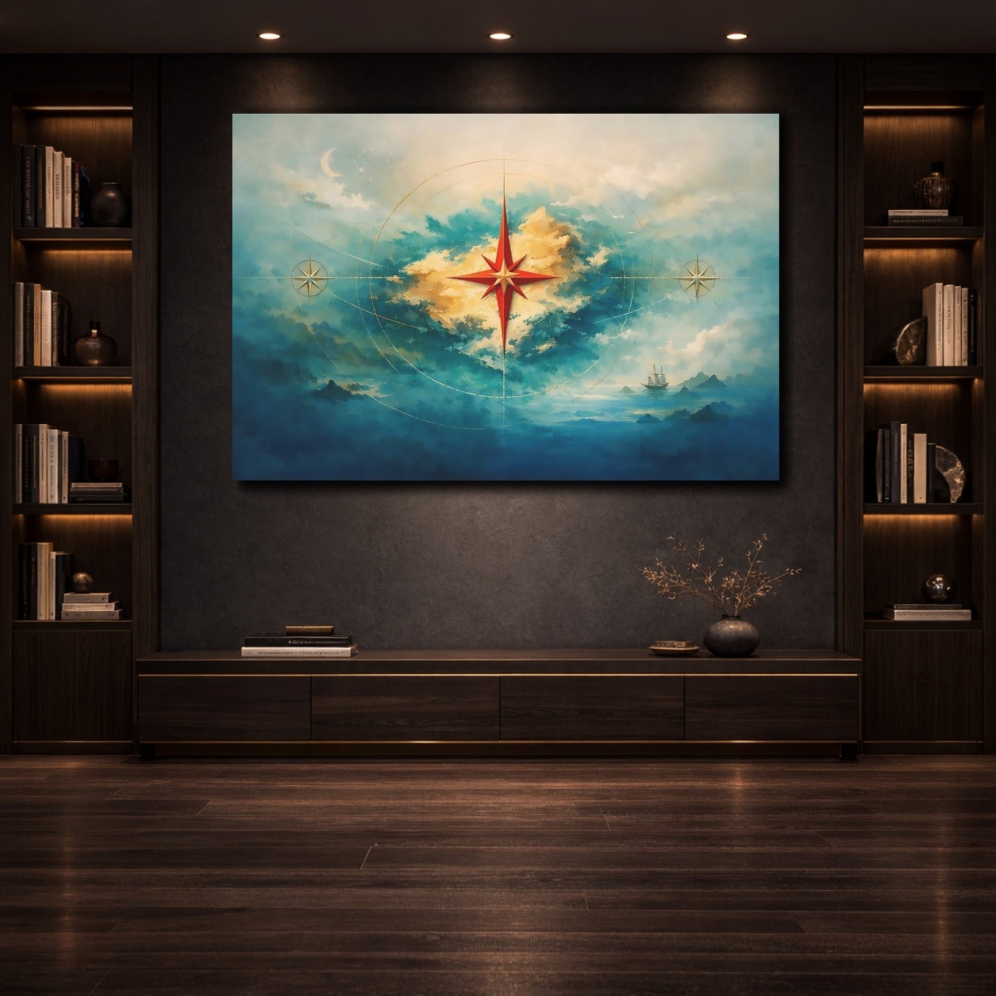 Maps Compass Star Blue And Gold Navigation - Canvas Wall Art Print - YesArtYes