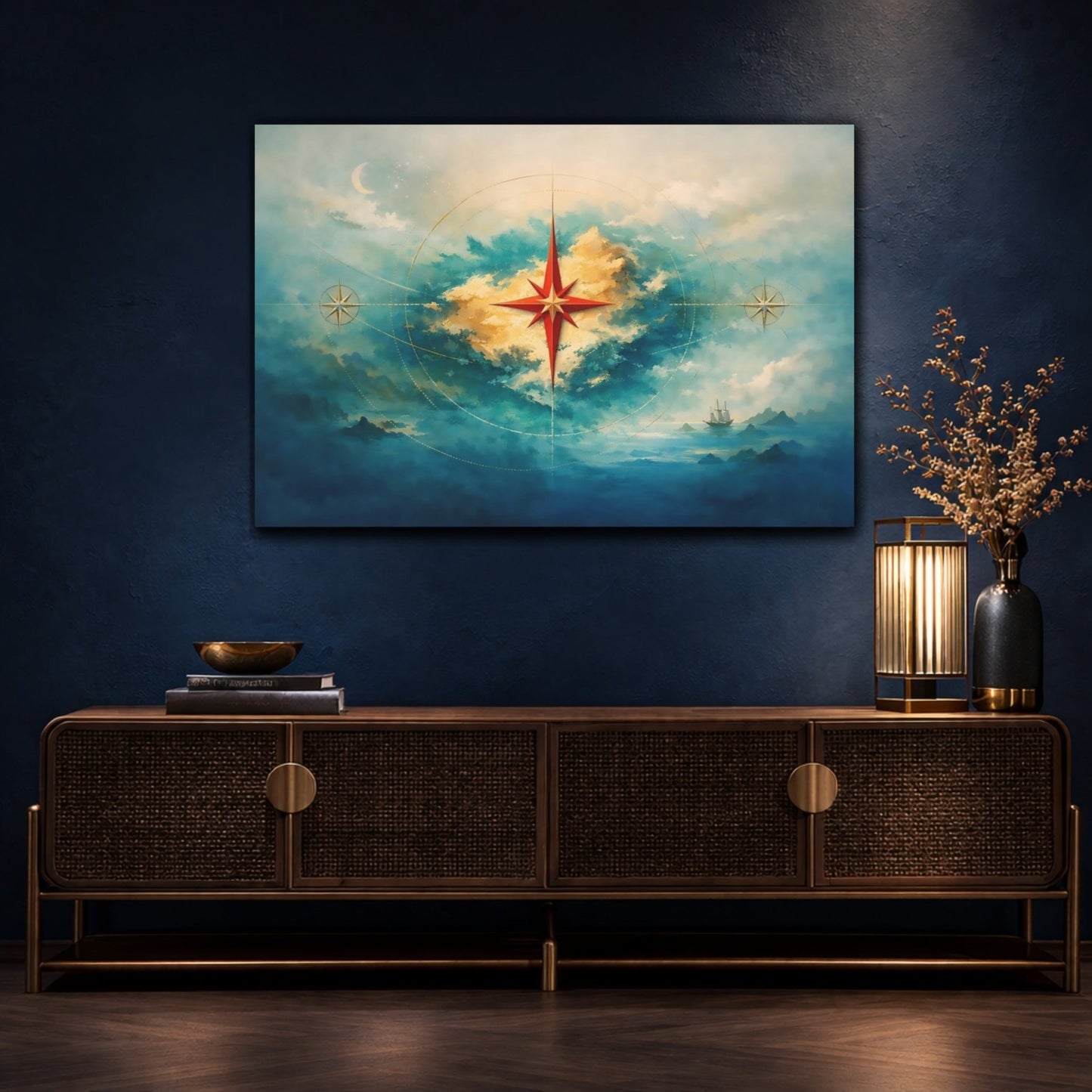 Maps Compass Star Blue And Gold Navigation - Canvas Wall Art Print - YesArtYes