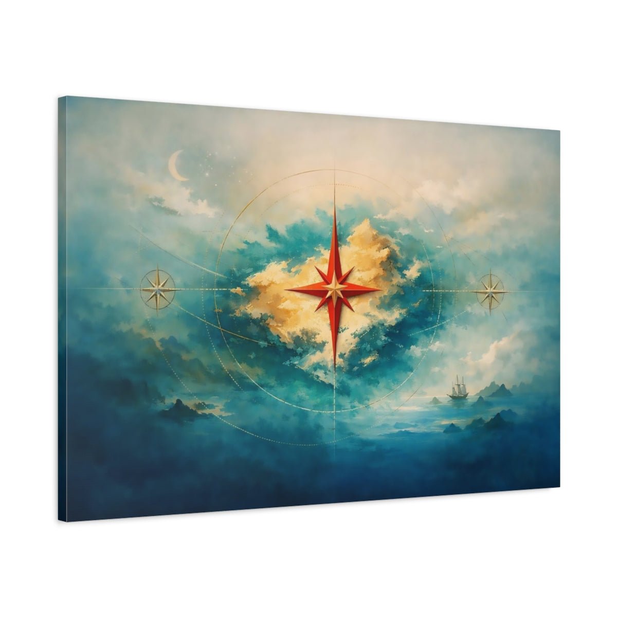Maps Compass Star Blue And Gold Navigation - Canvas Wall Art Print - YesArtYes