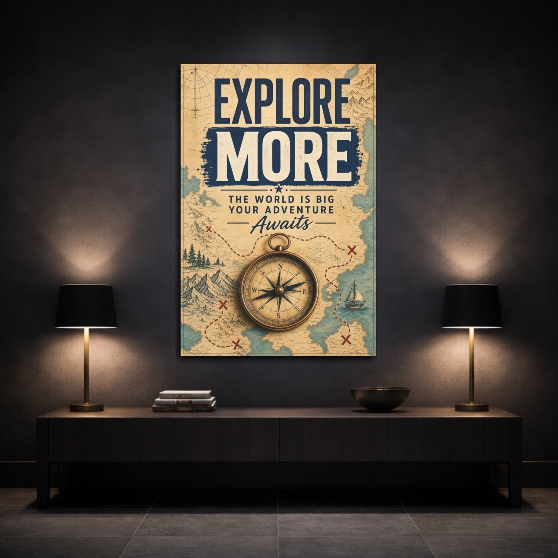 Maps Compass Vintage Travel Canvas Print – Living Room, Above Couch, Brown - YesArtYes