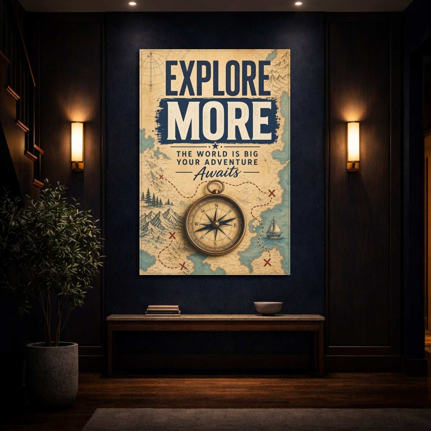 Maps Compass Vintage Travel Canvas Print – Living Room, Above Couch, Brown - YesArtYes