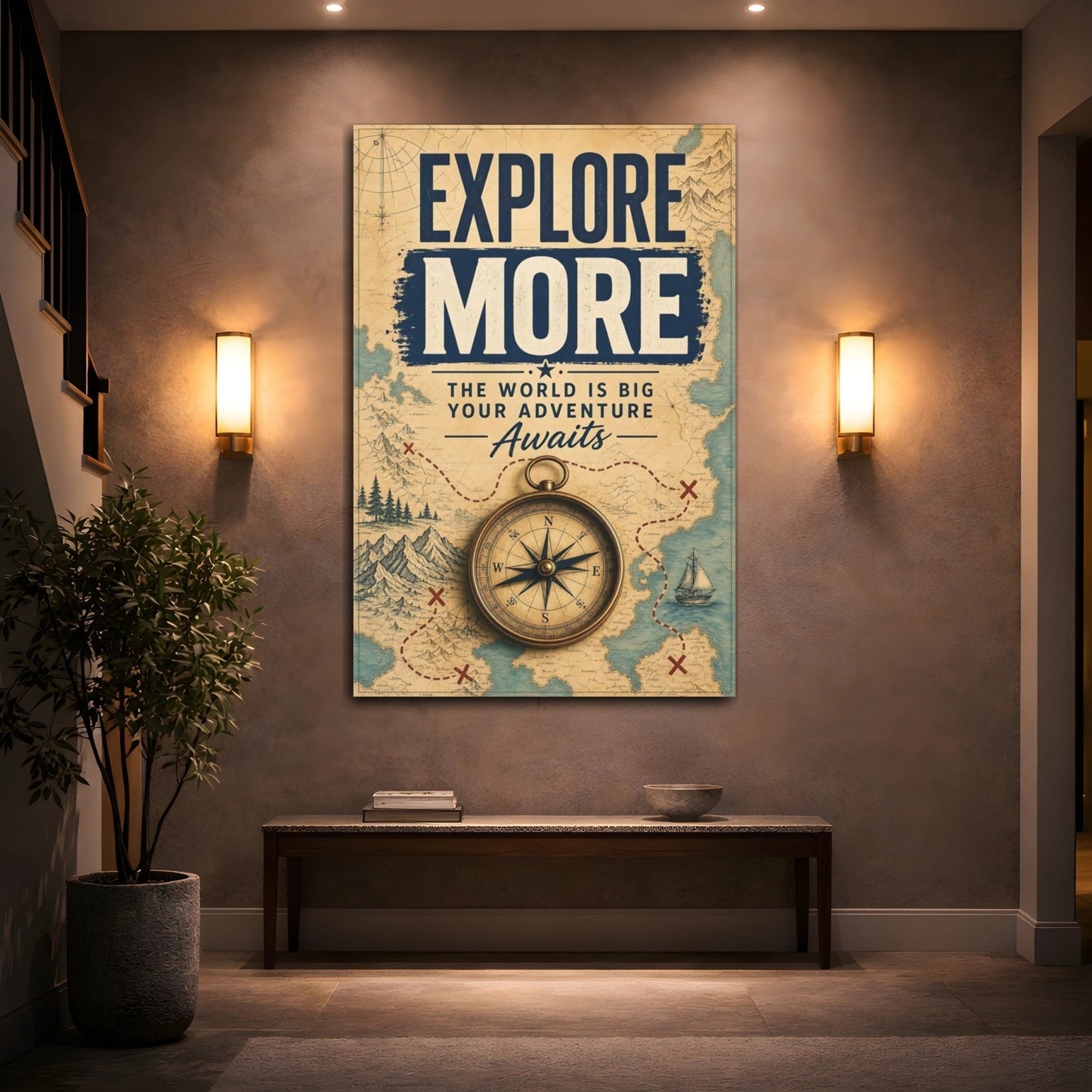 Maps Compass Vintage Travel Canvas Print – Living Room, Above Couch, Brown - YesArtYes