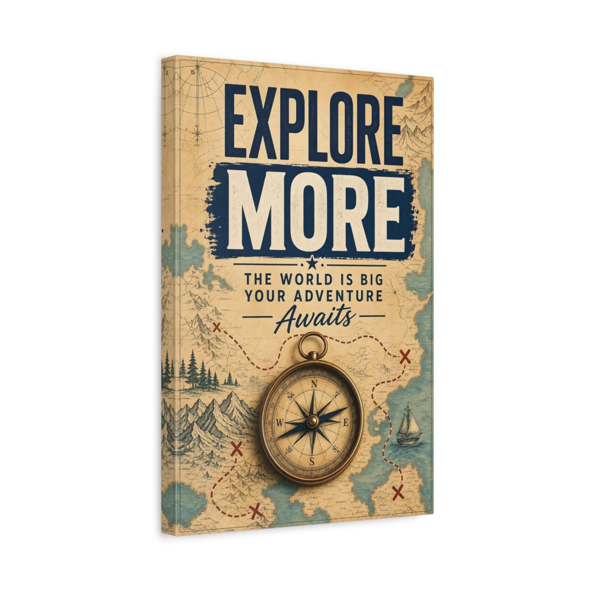 Side Mockup 4. Maps Map Compass Vintage Travel Map shown as stretched canvas wall art