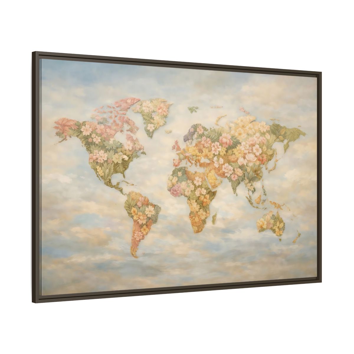 Main Mockup. Maps Floral World Map Pastel Floral Map shown as stretched canvas wall art