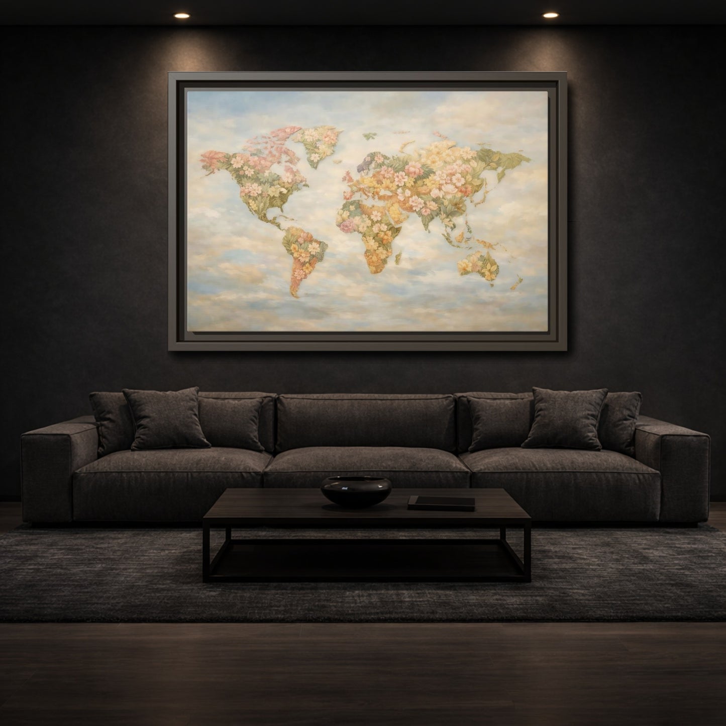 Mockup 2. Maps Floral World Map Pastel Floral Map shown as stretched canvas wall art