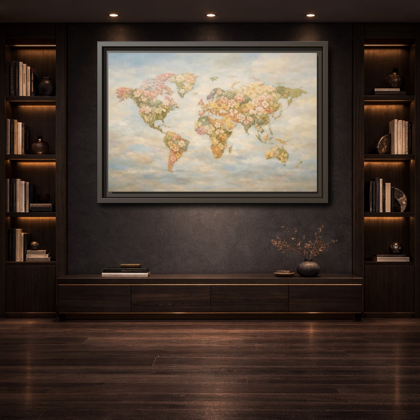 Mockup 3. Maps Floral World Map Pastel Floral Map shown as stretched canvas wall art
