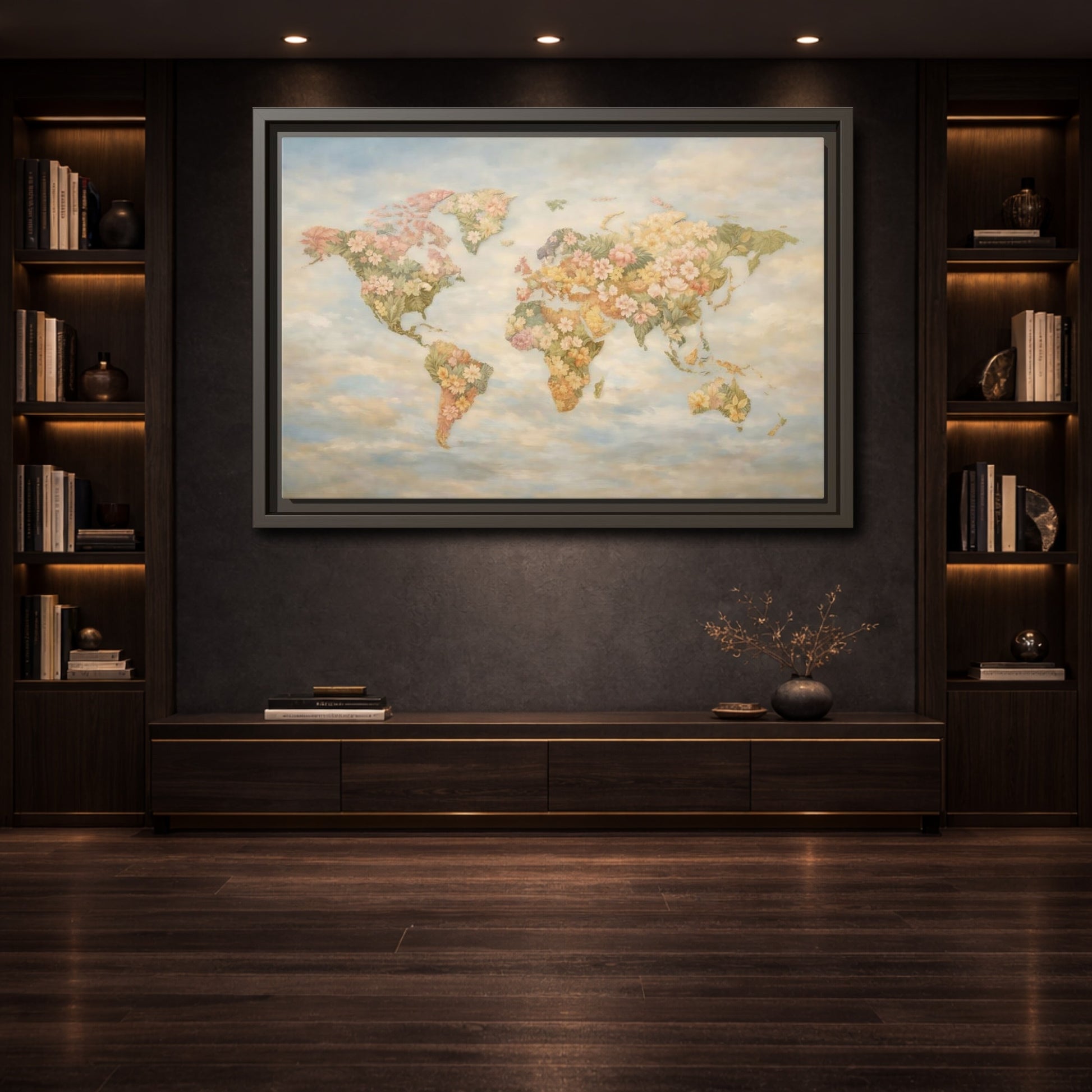 Mockup 3. Maps Floral World Map Pastel Floral Map shown as stretched canvas wall art