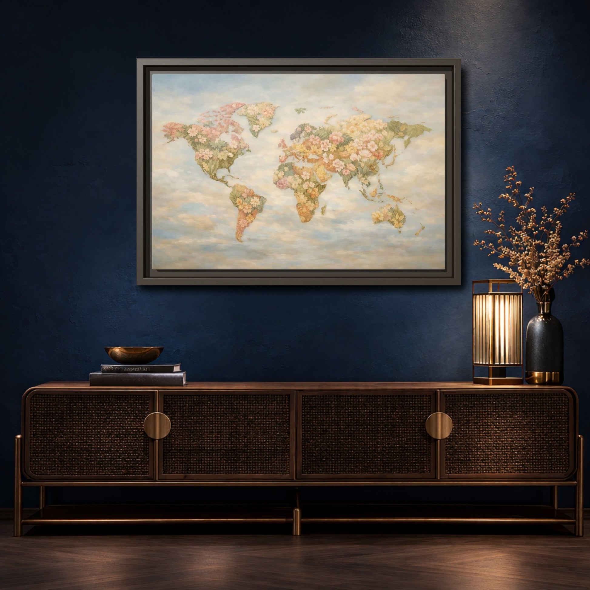 Mockup 4. Maps Floral World Map Pastel Floral Map shown as stretched canvas wall art