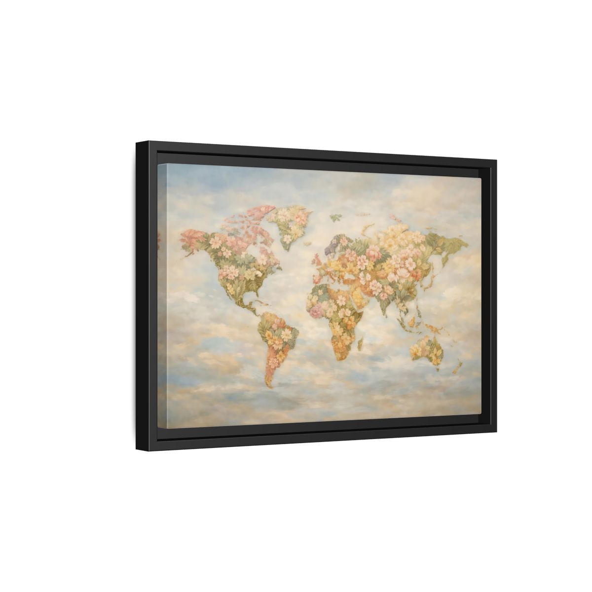 Side Mockup 6. Maps Floral World Map Pastel Floral Map shown as stretched canvas wall art