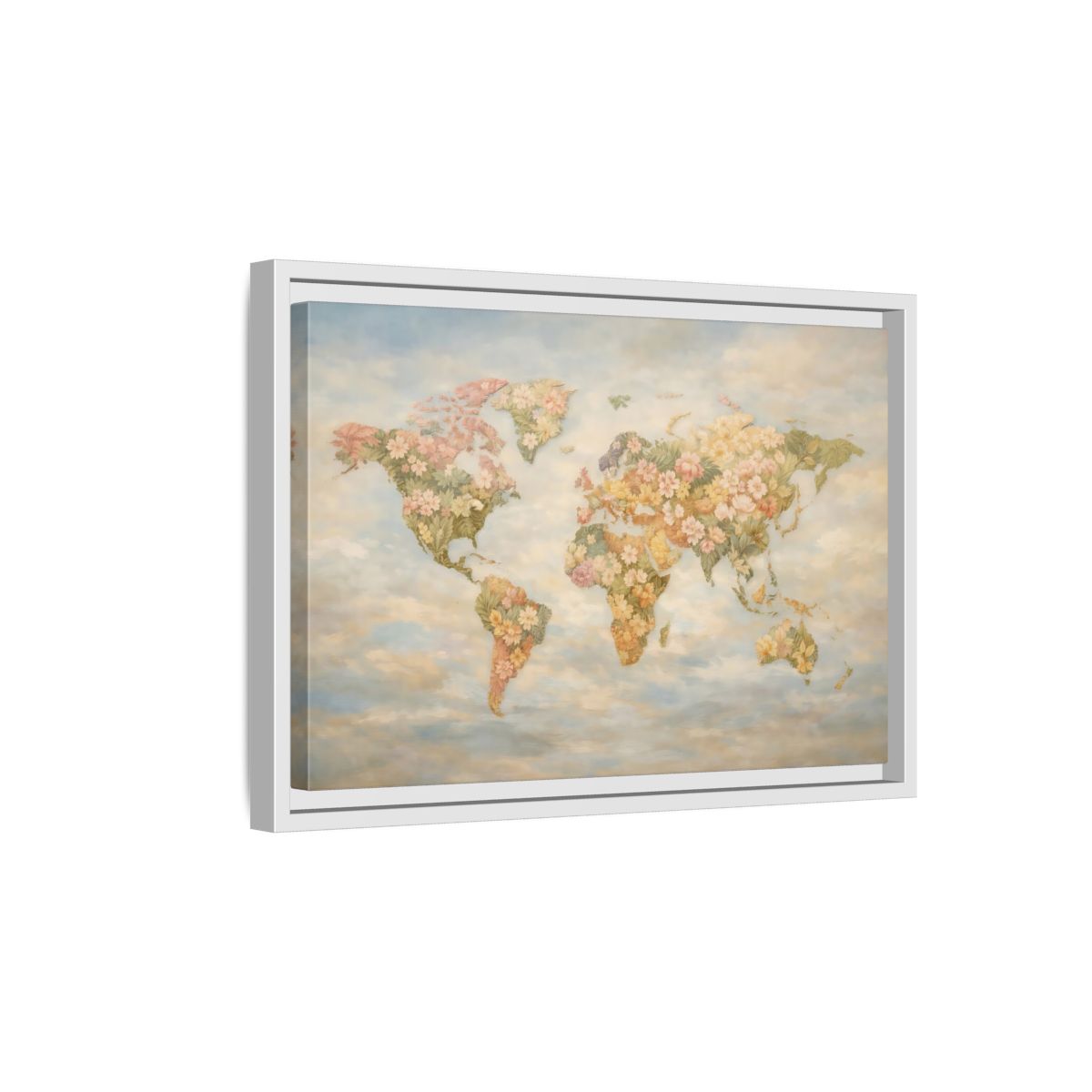Side Mockup 4. Maps Floral World Map Pastel Floral Map shown as stretched canvas wall art