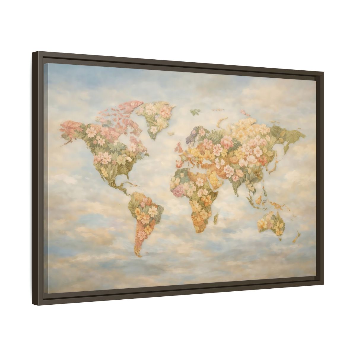 Side Mockup 11. Maps Floral World Map Pastel Floral Map shown as stretched canvas wall art