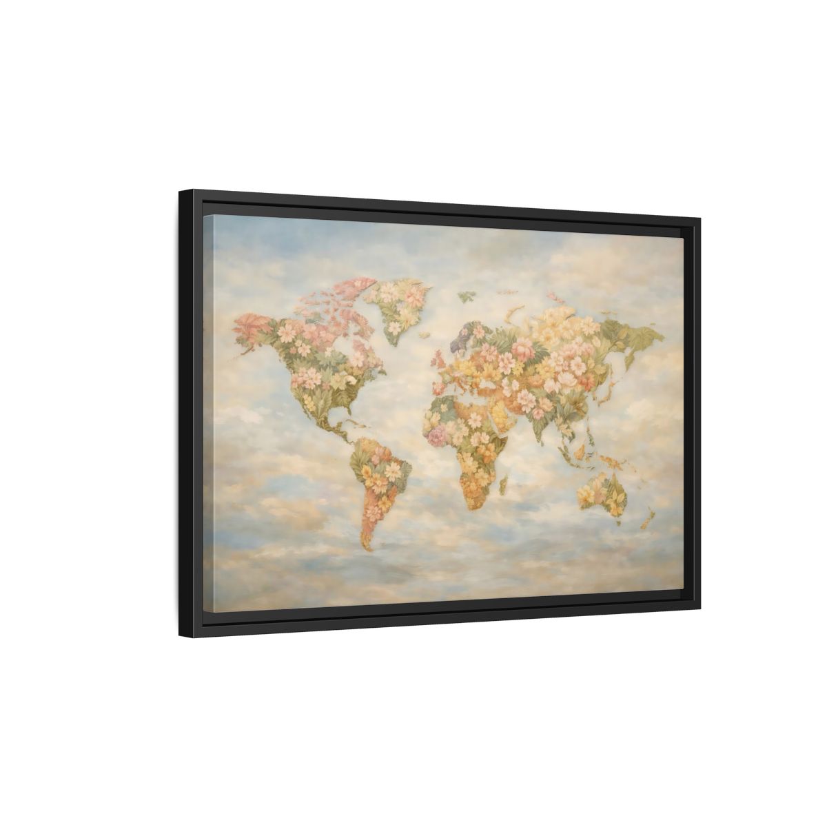 Side Mockup 3. Maps Floral World Map Pastel Floral Map shown as stretched canvas wall art