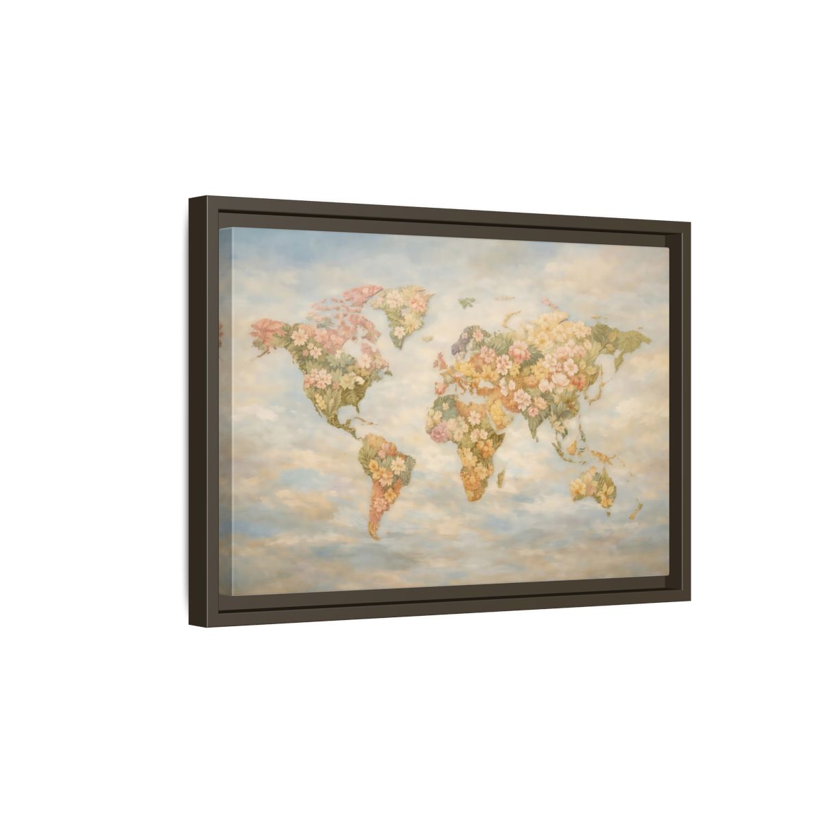 Side Mockup 5. Maps Floral World Map Pastel Floral Map shown as stretched canvas wall art