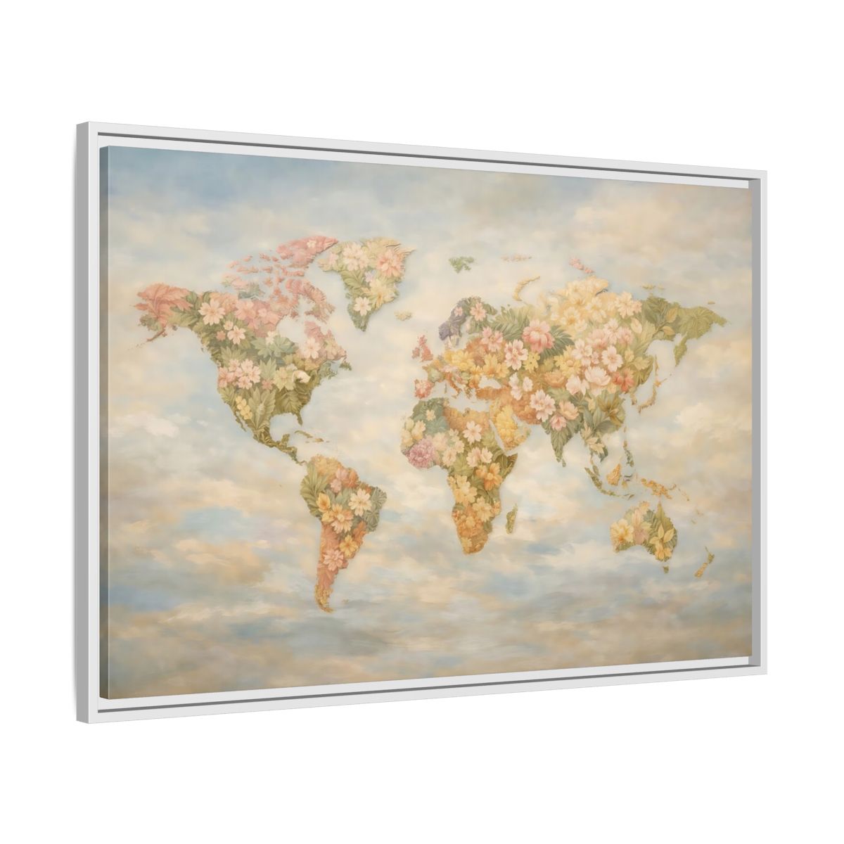Side Mockup 8. Maps Floral World Map Pastel Floral Map shown as stretched canvas wall art